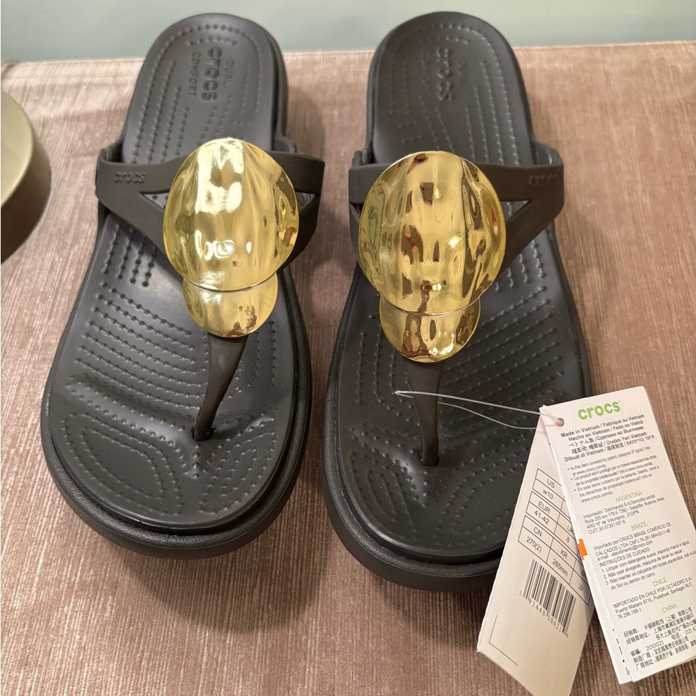 CROCS Brown Sandals with Gold Accents